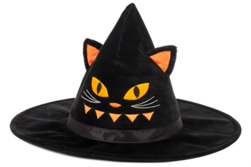Black cat witch hat halloween costume accessory party favor dress up cosplay spooky themed celebration apparel isolated on transparent background