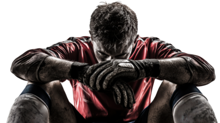 A worn-out soccer player sitting in despair after a tough match, portraying intense emotions and grit.
