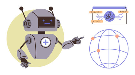 Robot pointing at global network with highlighted nodes and atomic diagram interface. Ideal for AI, robotics, technology, innovation, software, connection, simple flat metaphor