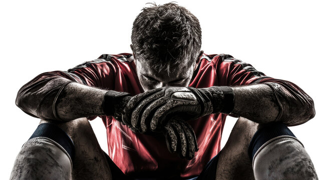 A worn-out soccer player sitting in despair after a tough match, portraying intense emotions and grit.