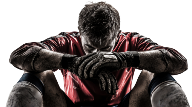 A worn-out soccer player sitting in despair after a tough match, portraying intense emotions and grit.