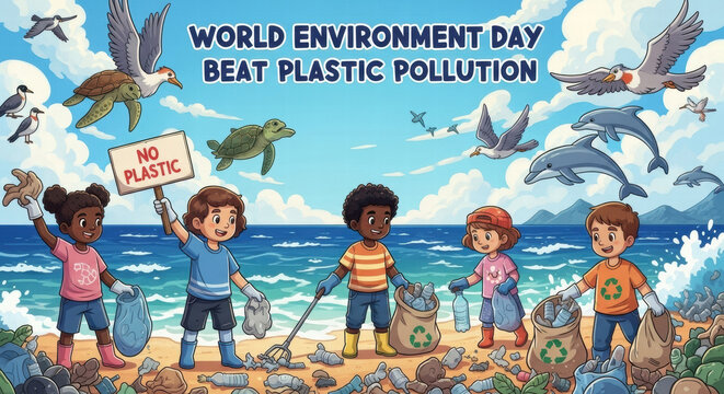 Children cleaning beach, collecting plastic waste, holding recycling bags, and showing no plastic sign, with sea animals and birds, promoting World Environment Day