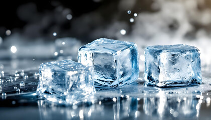 A high-resolution macro photo of melting ice cubes on a reflective glass surface, with water droplets and steam in the background. Strong backlighting enhances the transparency and texture of the ice.