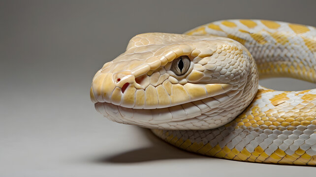 Close-up of albino Burmese python with yellow and white scales, sharp details, and intense gaze.
