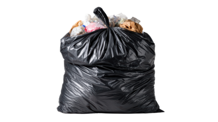 Black garbage bag filled with various waste materials, isolated on white background.