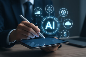 AI technology and business management, professional using digital interface for smart solutions