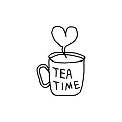 Cute doodle vector of steaming mug with “Tea Time” lettering and heart-shaped vapor – black outline tea break illustration for cozy lifestyle design on transparent background