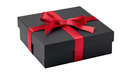 Black gift box with red ribbon, perfect for celebrations and special occasions, isolated on a white background.