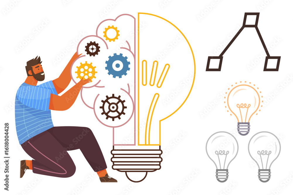 Poster man placing gears inside a half-assembled lightbulb. diagram and lightbulb variations nearby. ideal 
