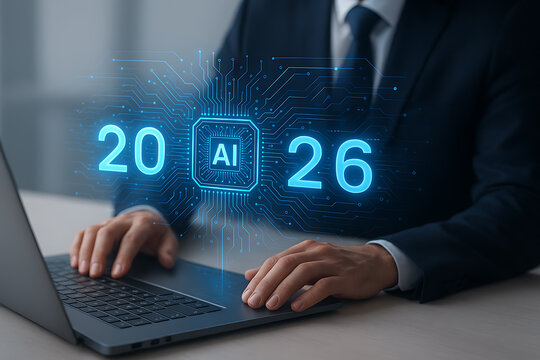 Artificial intelligence technology 2026 concept with businessman using laptop and futuristic AI digital interface