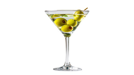 Classic martini cocktail with green olives, white isolated background.