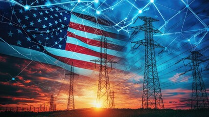US flag and energy grid, collage style