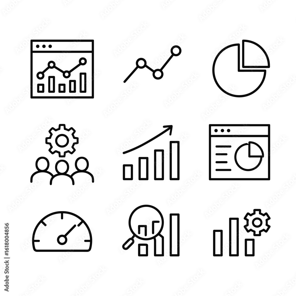 Poster analytics dashboard and chart icons set. outline symbols. line design