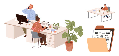 Two colleagues working at desks with computers, binary file folder, potted plant. Single worker at distant desk. Ideal for teamwork, digital workspace, binary data, productivity, organization modern