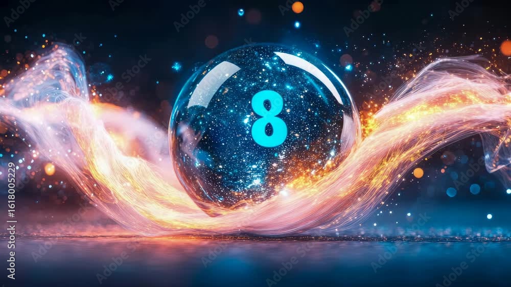 Poster radiant digital sphere containing the number eight, enveloped by dynamic orange and blue light strea