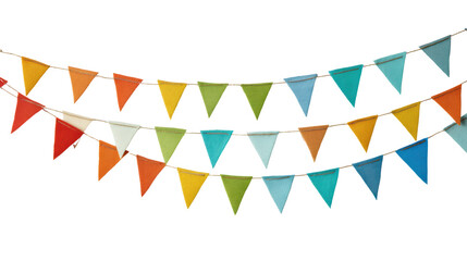 Obraz premium Colorful bunting flags on a white isolate background, perfect for festive celebrations and events.