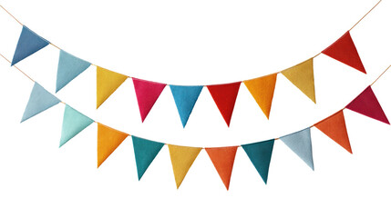 Obraz premium Colorful festive bunting flags, vibrant decorations for celebrations, white isolated background.
