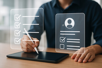 Businessman using digital checklist on tablet for task management, productivity, and online organization