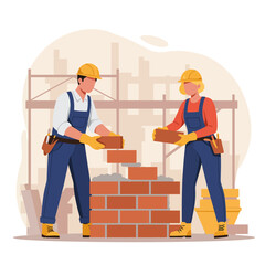 Two construction workers in hard hats and overalls skillfully lay bricks to build a wall on a sunny day.