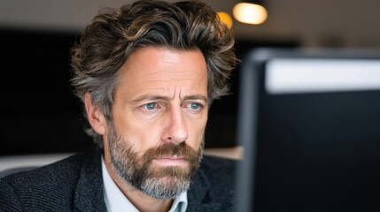 A thoughtful man with a beard and wavy hair working at a computer in an office setting