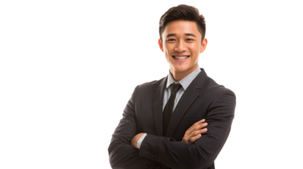 Confident man in suit smiling with arms crossed, professional photo, white isolated background.