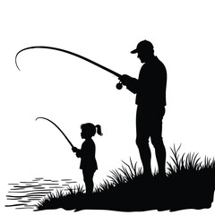 Obraz premium Father and daughter fishing together by the water rods