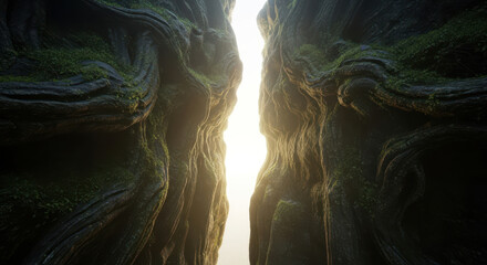 A bright light emanates from a deep dark crevice in the earth