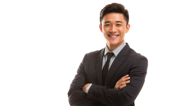 Confident man in suit smiling with arms crossed, professional photo, white isolated background.