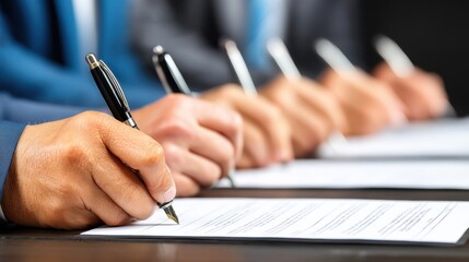 People signing documents in a formal business meeting setting