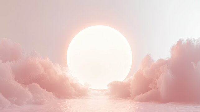 White circle which is empty within floating above a cloud-like surface, white background, soft pink mist and glowing particles, dreamlike, spiritual, on off-white background