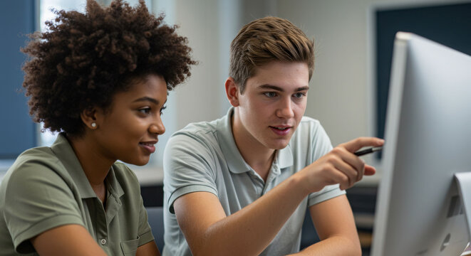 High school students collaborating in computer lab