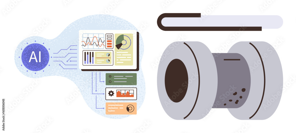 Poster ai processing industrial data, visualized via digital dashboards with charts, graphs, and circuit li