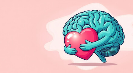 Cartoon Brain Hugging Heart Symbolizing Emotional Intelligence