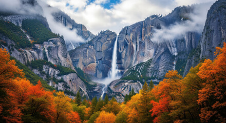 Majestic waterfall cascades through dramatic cliffs amidst vibrant autumn foliage