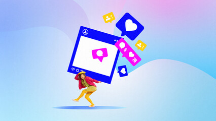 Colorful artwork. Woman balancing giant social media post full of likes and notifications. Concept...