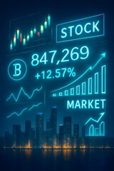 Neon-Lit City with Floating Stock Charts and Financial Data in the Sky — Sci-Fi Cyber-Financial Skyline Concept Illustration