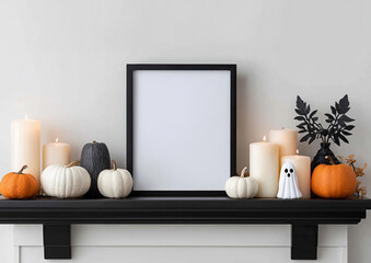 Fall fireplace decor with blank frame for mockup