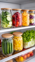 Fresh vegetables and fruits stored in jars on refrigerator shelves create an organized and healthy meal prep space in a modern kitchen