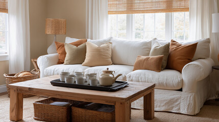 Cozy living room with a white sofa adorned with cushions and a rustic coffee table showcasing tea set next to a warm ambiance and natural light filtering through the windows