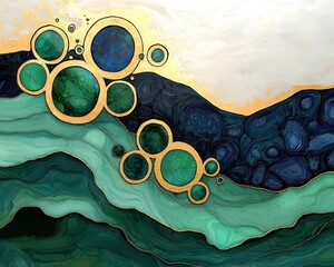 Abstract Emerald Green and Deep Blue Wavy Patterns with Glimmering Gold Accents