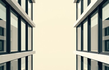 Fototapeta premium Looking up between modern office buildings with large glass windows and clean architectural lines