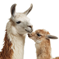 Obraz premium A charming adult llama and a playful baby llama share a tender moment, showcasing their affectionate bond.