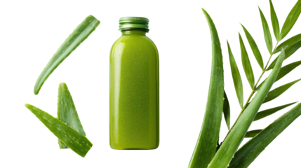 Fresh aloe vera juice bottle surrounded by aloe leaves, white isolated background.