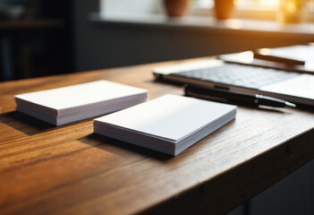 Blank notepads and pens arranged on a wooden desk with natural light