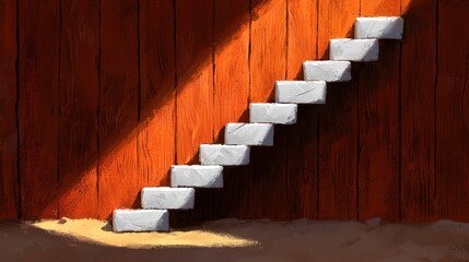 Sunlit White Stone Staircase Against Dark Orange Wooden Wall