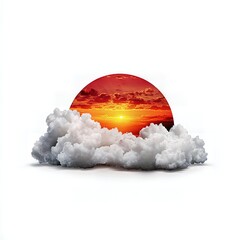 Sunset in Clouds A Digital Artwork of a Vivid Red and Orange Sunset Nestled in Fluffy White Clouds Against a White Background
