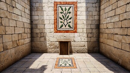 Sunlit Stone Room Interior with Tiled Leaf Pattern and Small Door