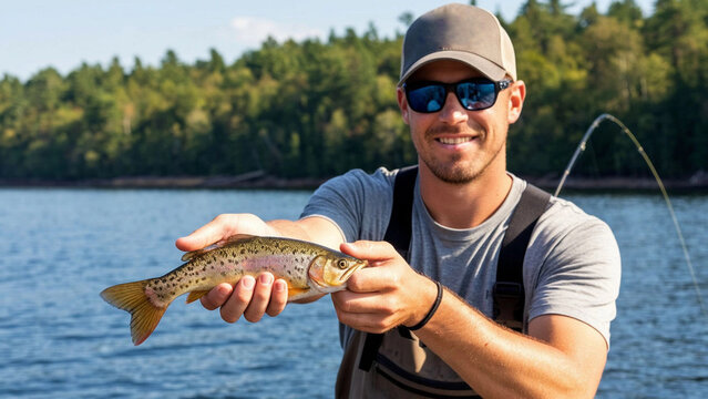Rainbow trout fishing with a man in sunglasses and a cap holding a fresh catch on a boat, ideal for outdoor, sport, and nature-themed advertising or social media content.