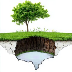 Surreal Floating Island with Green Tree and Water