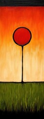Surreal Landscape with Red Circle on a Stick against Colorful Sky Illustration